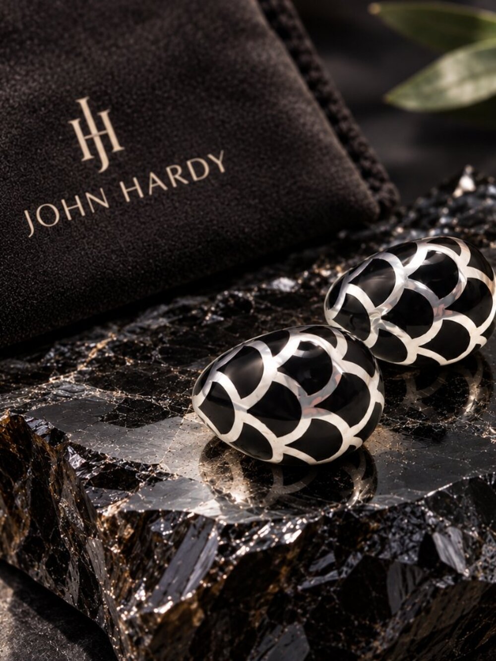 John Hardy Sterling Silver Naga Black Enamel Buddha Belly Earrings